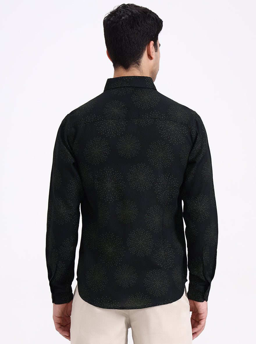 Olive Green Printed Slim Fit Casual Shirt | Greenfibre