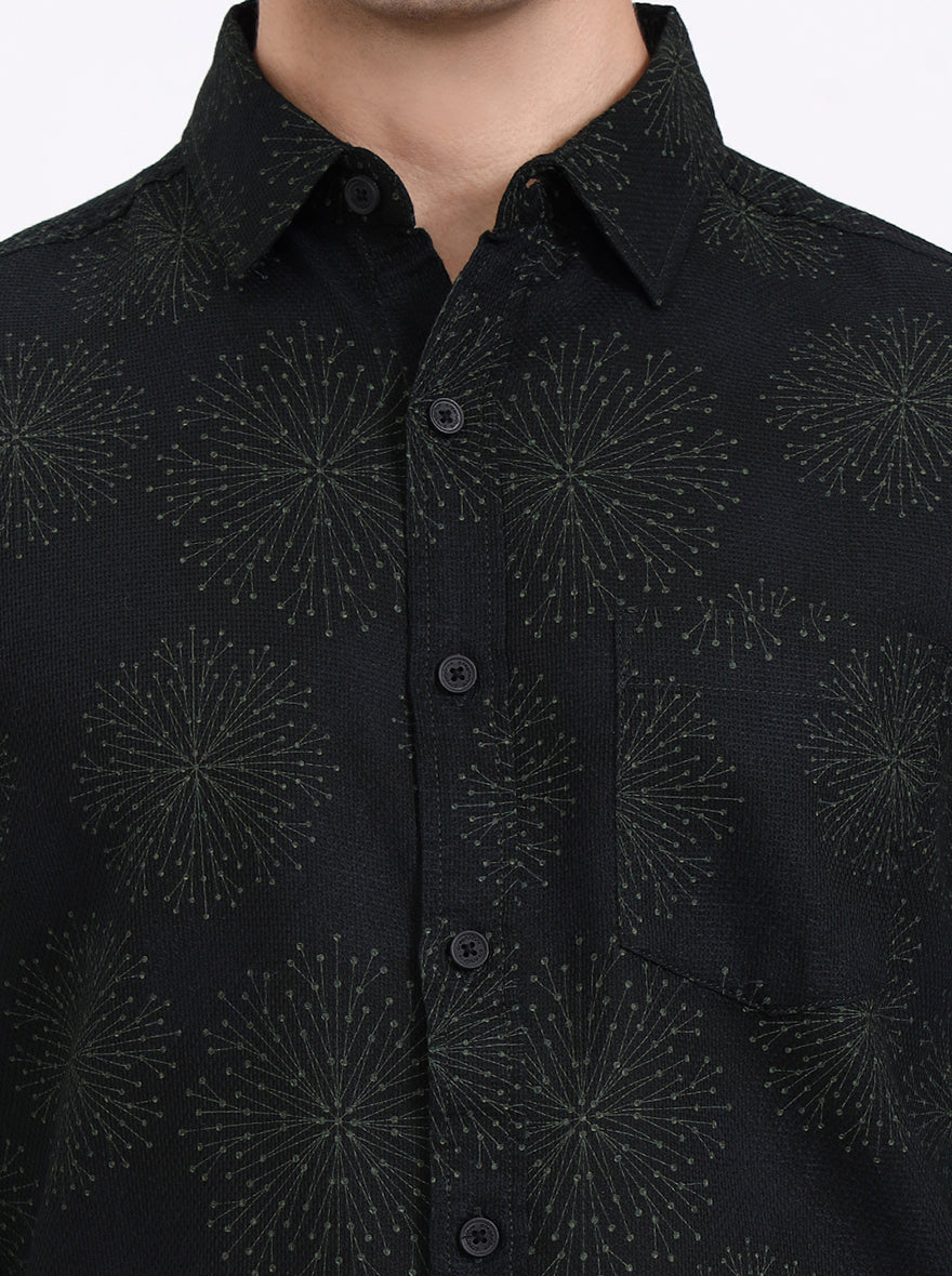 Olive Green Printed Slim Fit Casual Shirt | Greenfibre