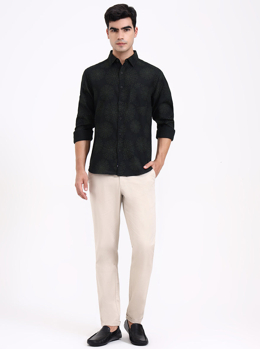 Olive Green Printed Slim Fit Casual Shirt | Greenfibre