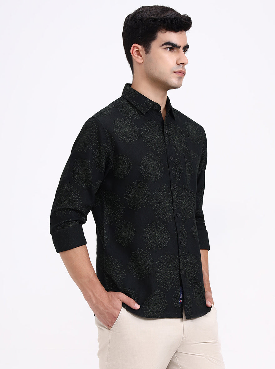 Olive Green Printed Slim Fit Casual Shirt | Greenfibre