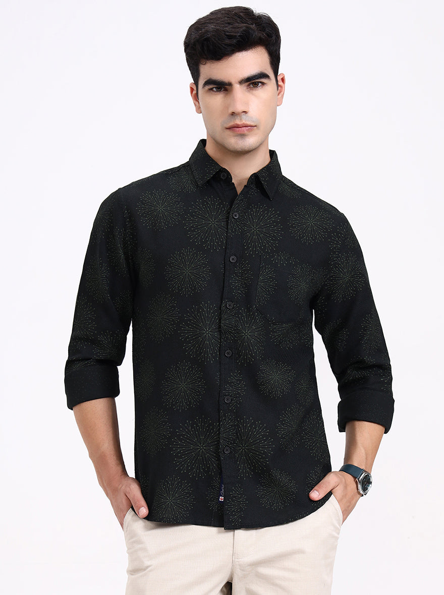 Olive Green Printed Slim Fit Casual Shirt | Greenfibre