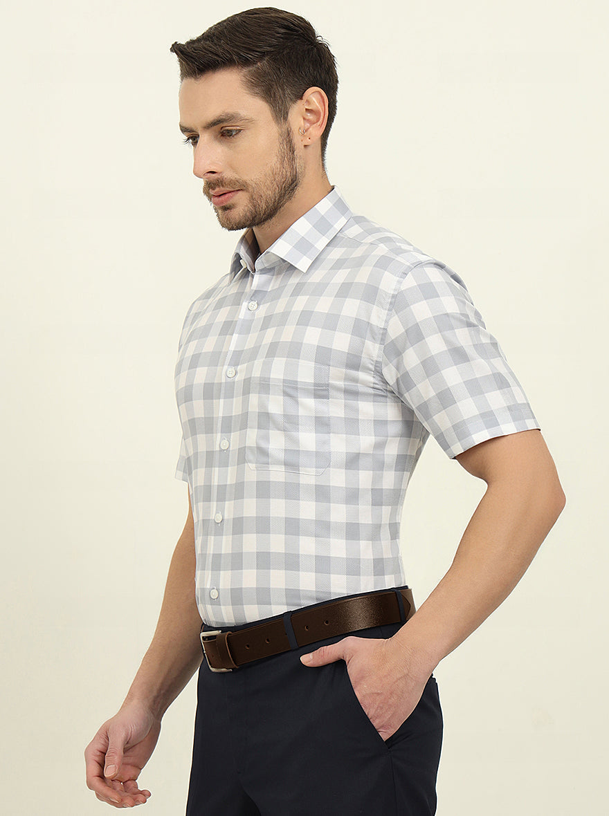 White & Grey Checked Regular Fit Formal Shirt | JadeBlue