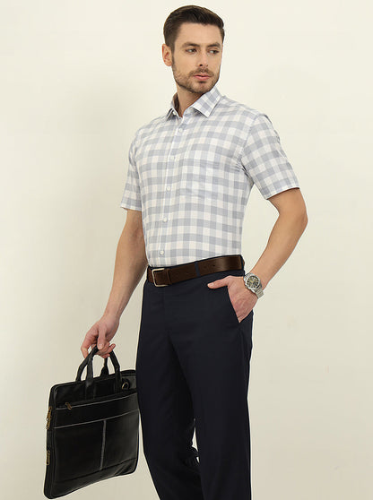 White & Grey Checked Regular Fit Formal Shirt | JadeBlue