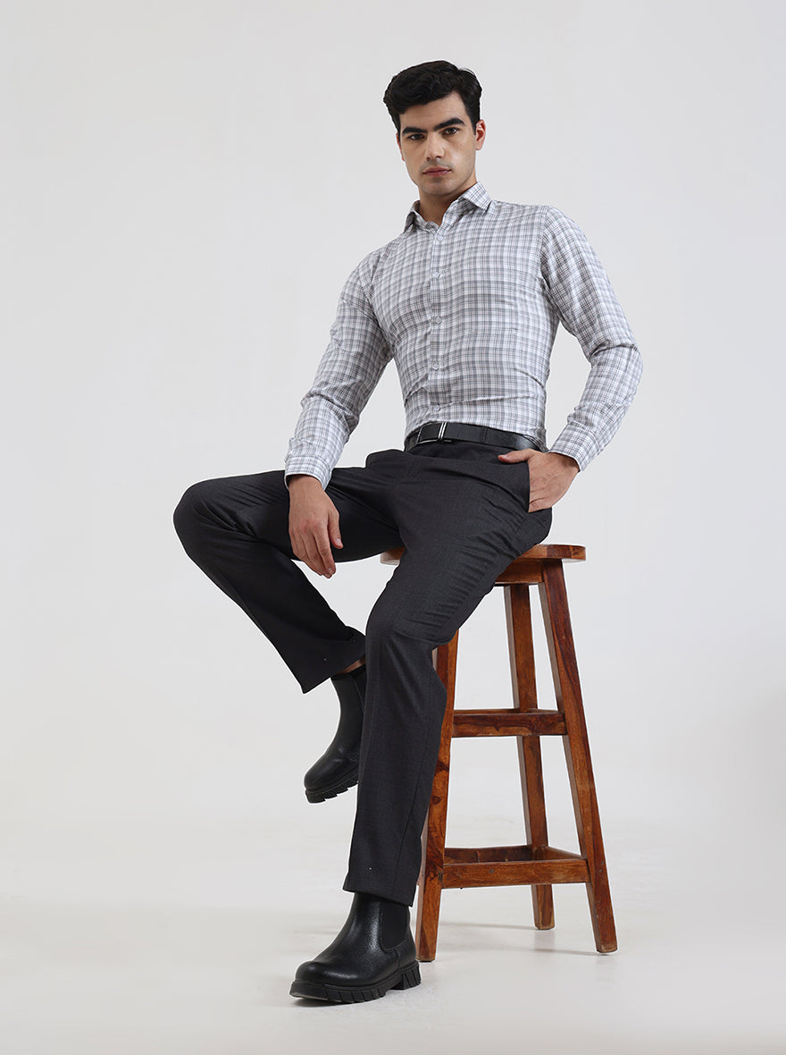 White & Grey Checked Slim Fit Formal Shirt | Greenfibre