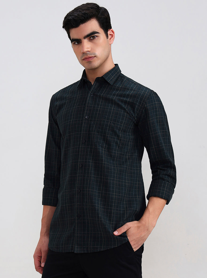 Dark Green Checked Smart Fit Semi Casual Shirt | Greenfibre