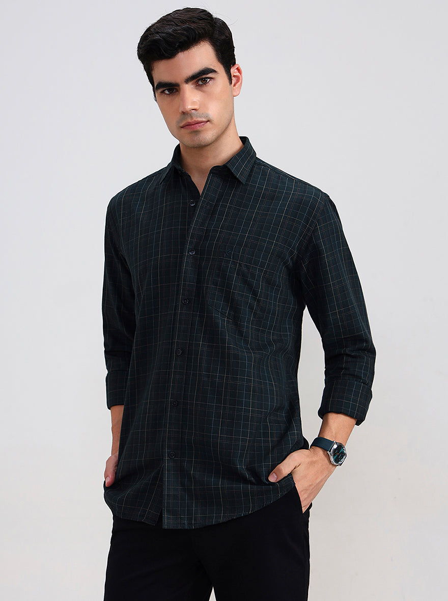 Dark Green Checked Smart Fit Semi Casual Shirt | Greenfibre