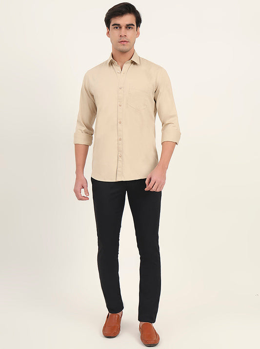 Beige Solid Slim Fit Semi Casual Shirt | Greenfibre