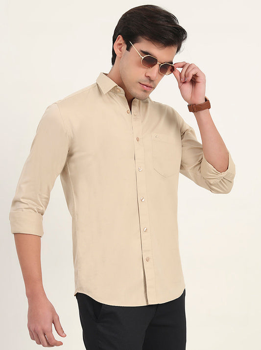 Beige Solid Slim Fit Semi Casual Shirt | Greenfibre