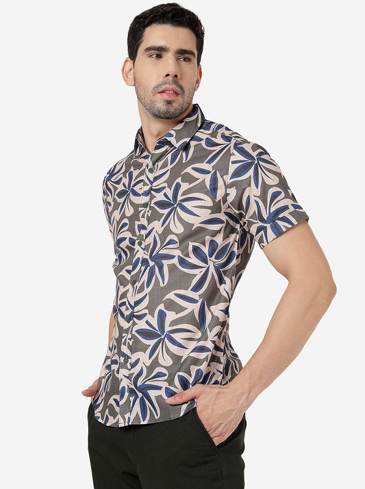 Silver Grey Printed Slim Fit Casual Shirt | Greenfibre