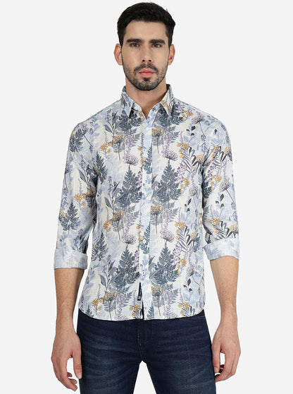 Off White Printed Slim Fit Casual Shirt | Greenfibre