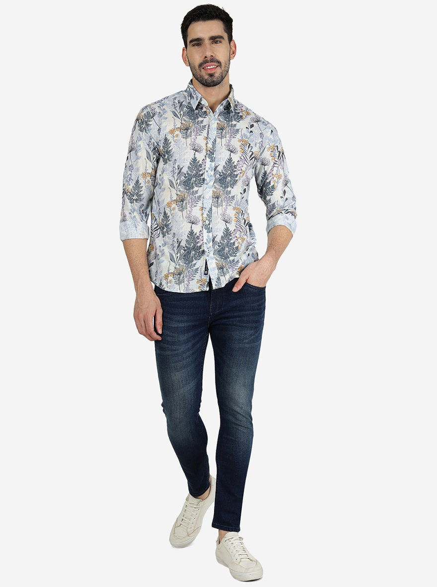 Off White Printed Slim Fit Casual Shirt | Greenfibre