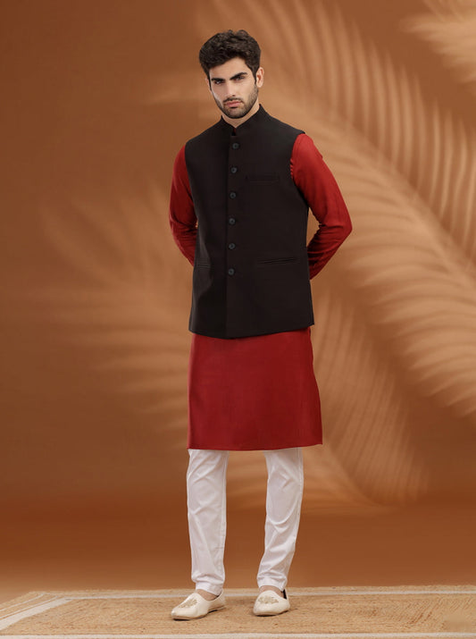 Black Solid Waist Coat | Greenfibre