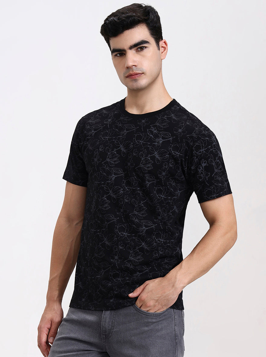 Black Printed Slim Fit T-Shirt | Greenfibre