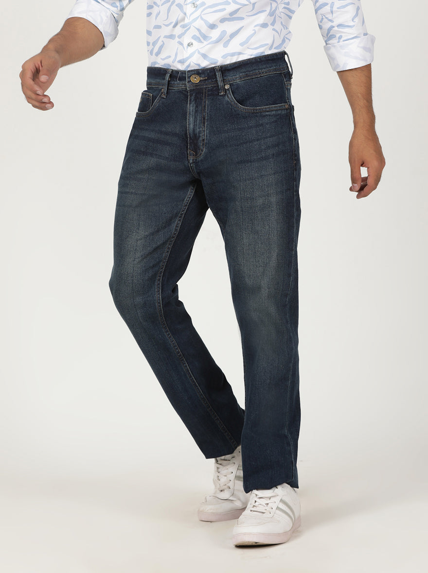 Dark Blue Washed Straight Fit Jeans | Greenfibre