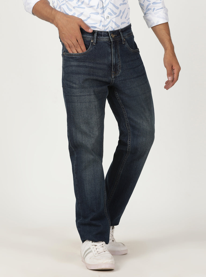 Dark Blue Washed Straight Fit Jeans | Greenfibre