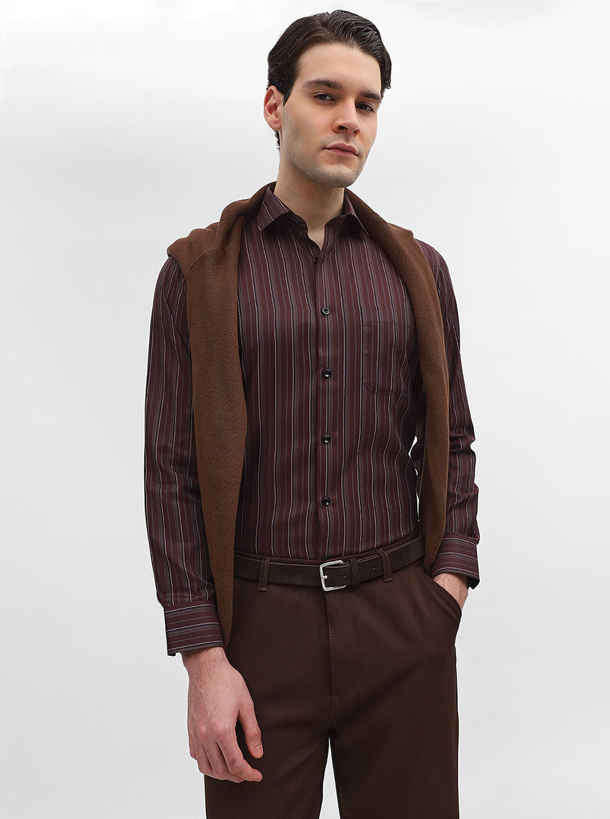 Maroon Striped Slim Fit Formal Shirt | Greenfibre