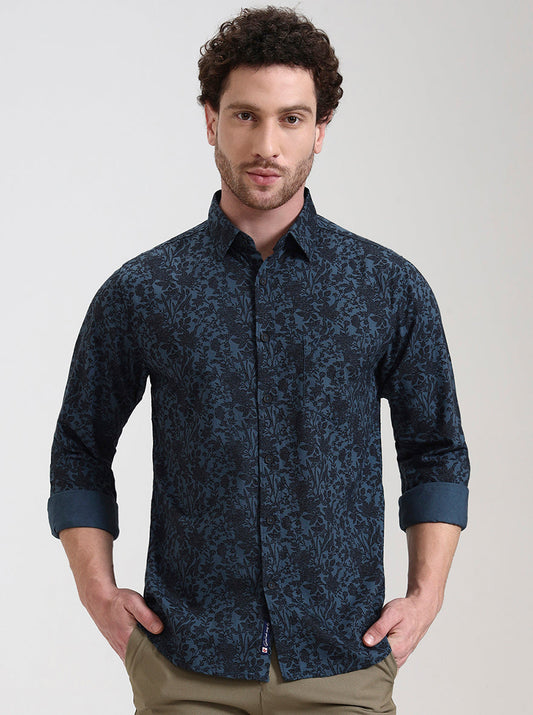 Medium Blue Printed Slim Fit Casual Shirt | Greenfibre