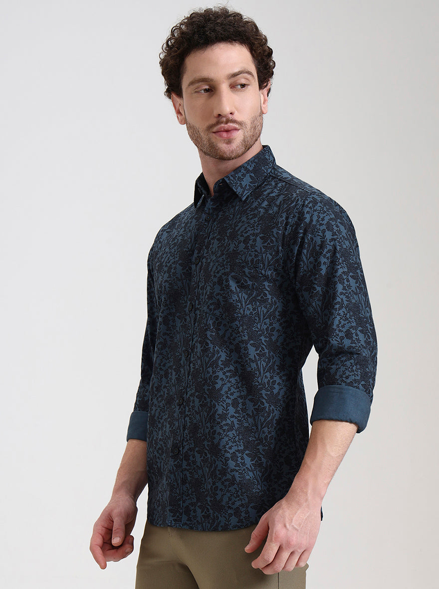 Medium Blue Printed Slim Fit Casual Shirt | Greenfibre