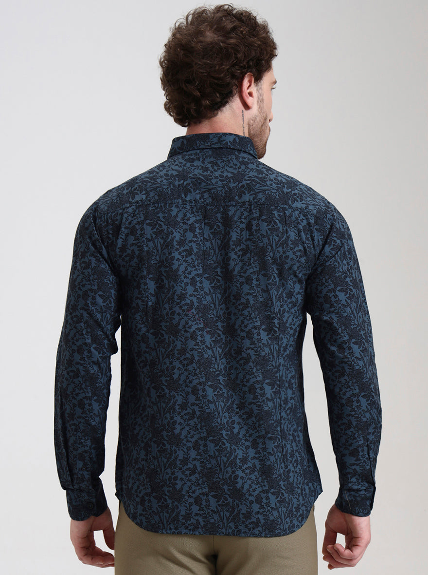 Medium Blue Printed Slim Fit Casual Shirt | Greenfibre