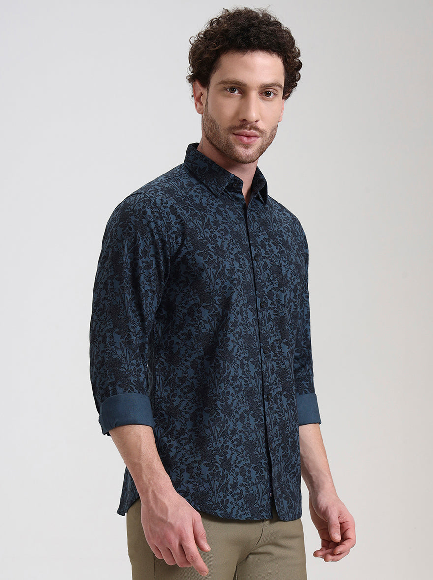 Medium Blue Printed Slim Fit Casual Shirt | Greenfibre