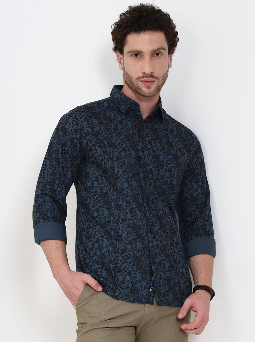 Medium Blue Printed Slim Fit Casual Shirt | Greenfibre