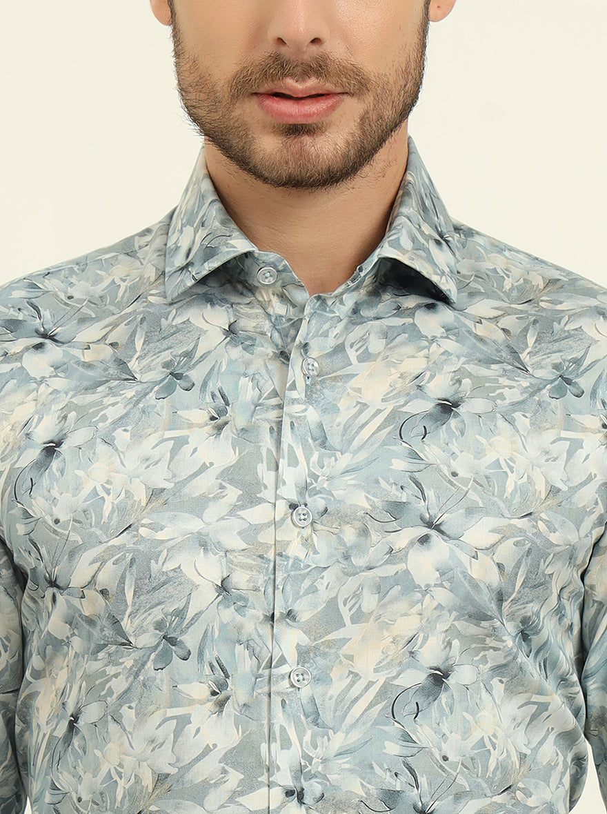 Light Blue Printed Slim Fit Party Wear Shirt | Wyre
