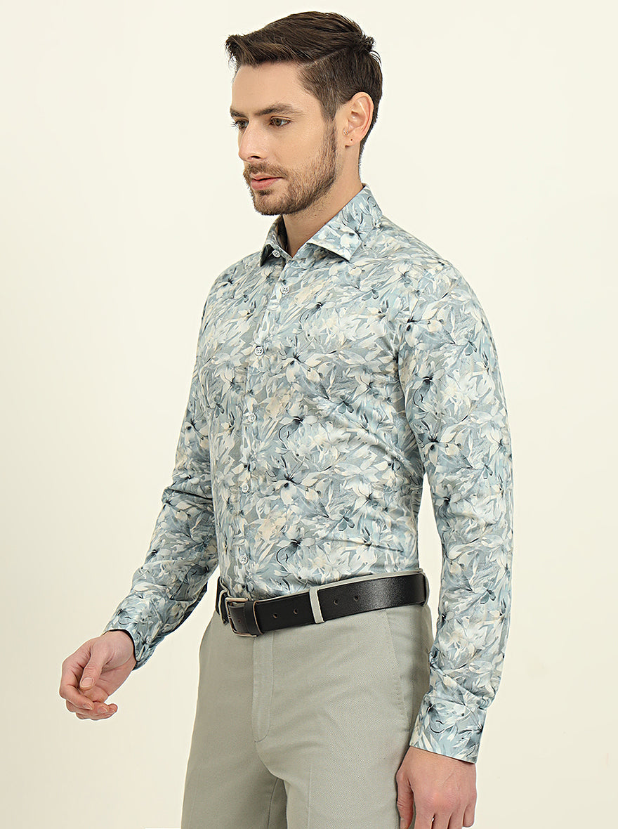 Light Blue Printed Slim Fit Party Wear Shirt | Wyre