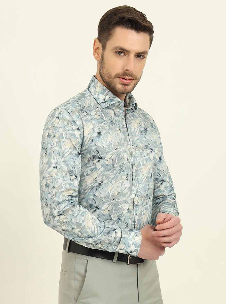 Light Blue Printed Slim Fit Party Wear Shirt | Wyre