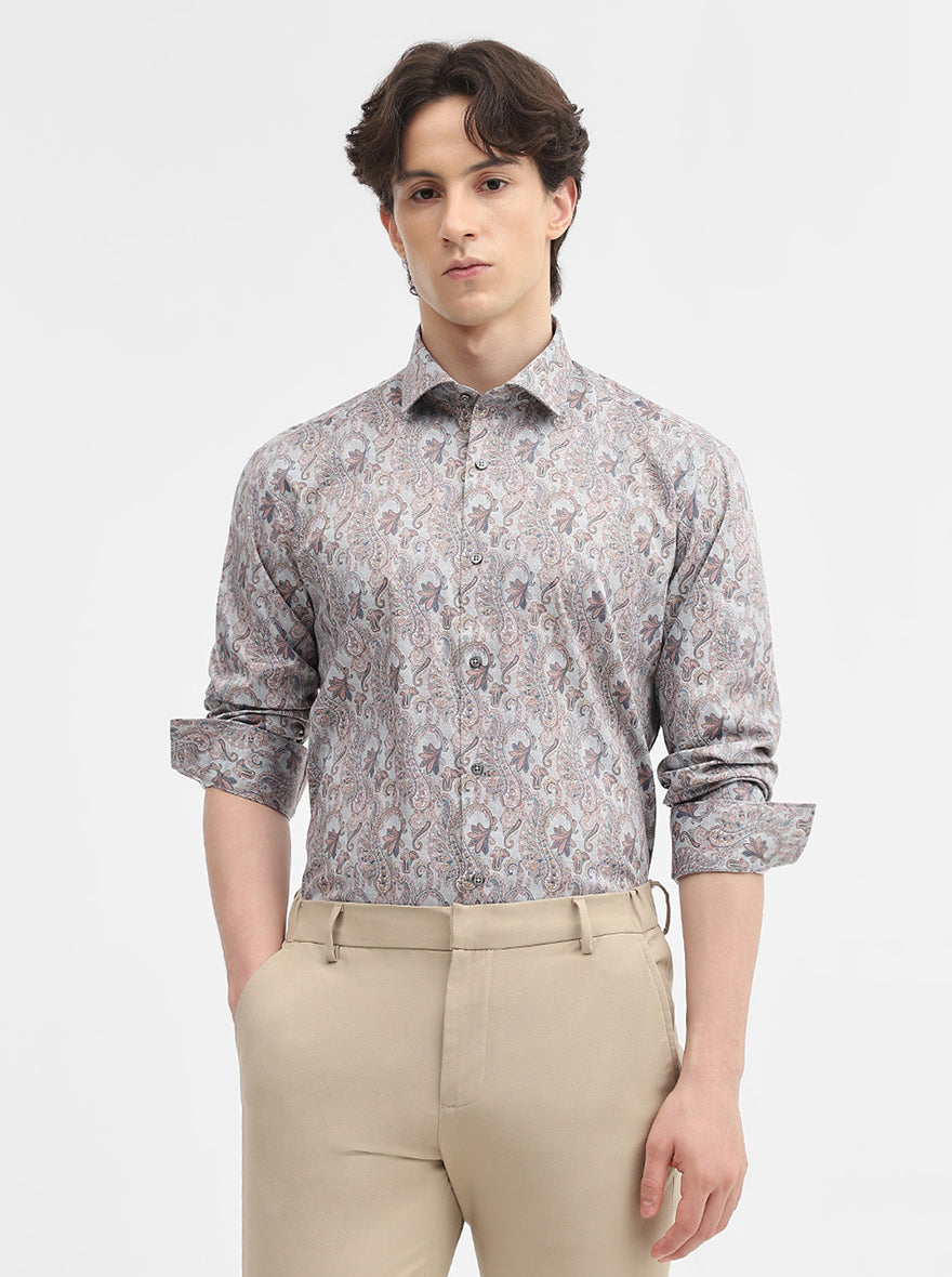 Grey Printed Slim Fit Party Wear Shirt | Greenfibre