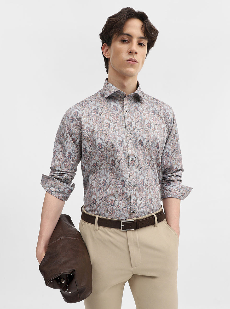 Grey Printed Slim Fit Party Wear Shirt | Greenfibre