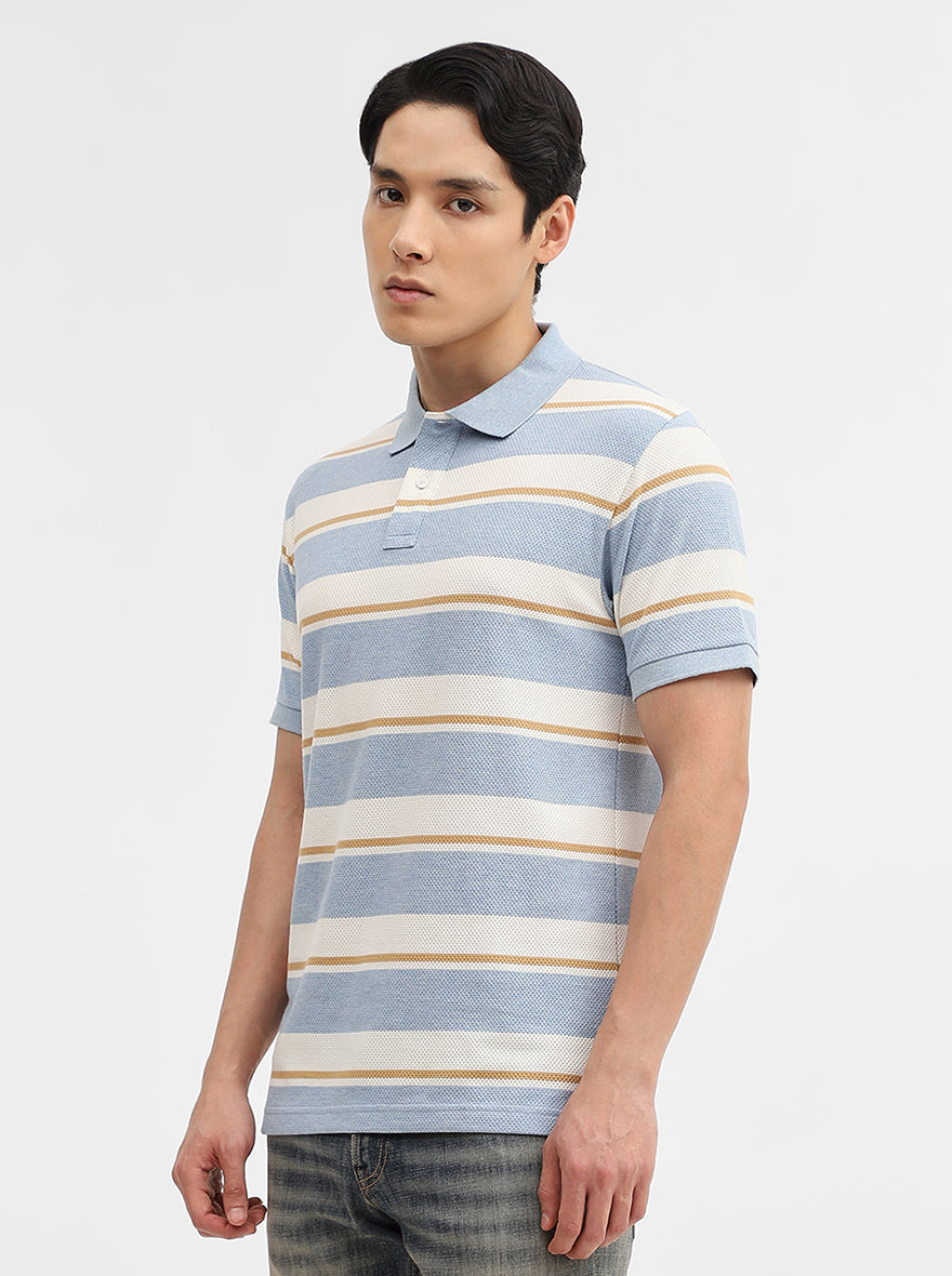 Blue & White Striped Slim Fit Polo T-Shirt | Greenfibre