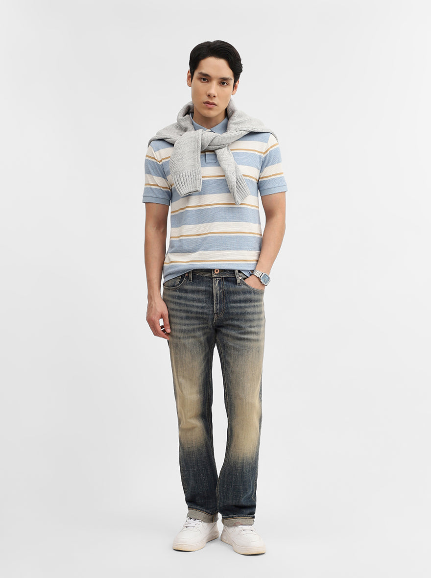 Blue & White Striped Slim Fit Polo T-Shirt | Greenfibre