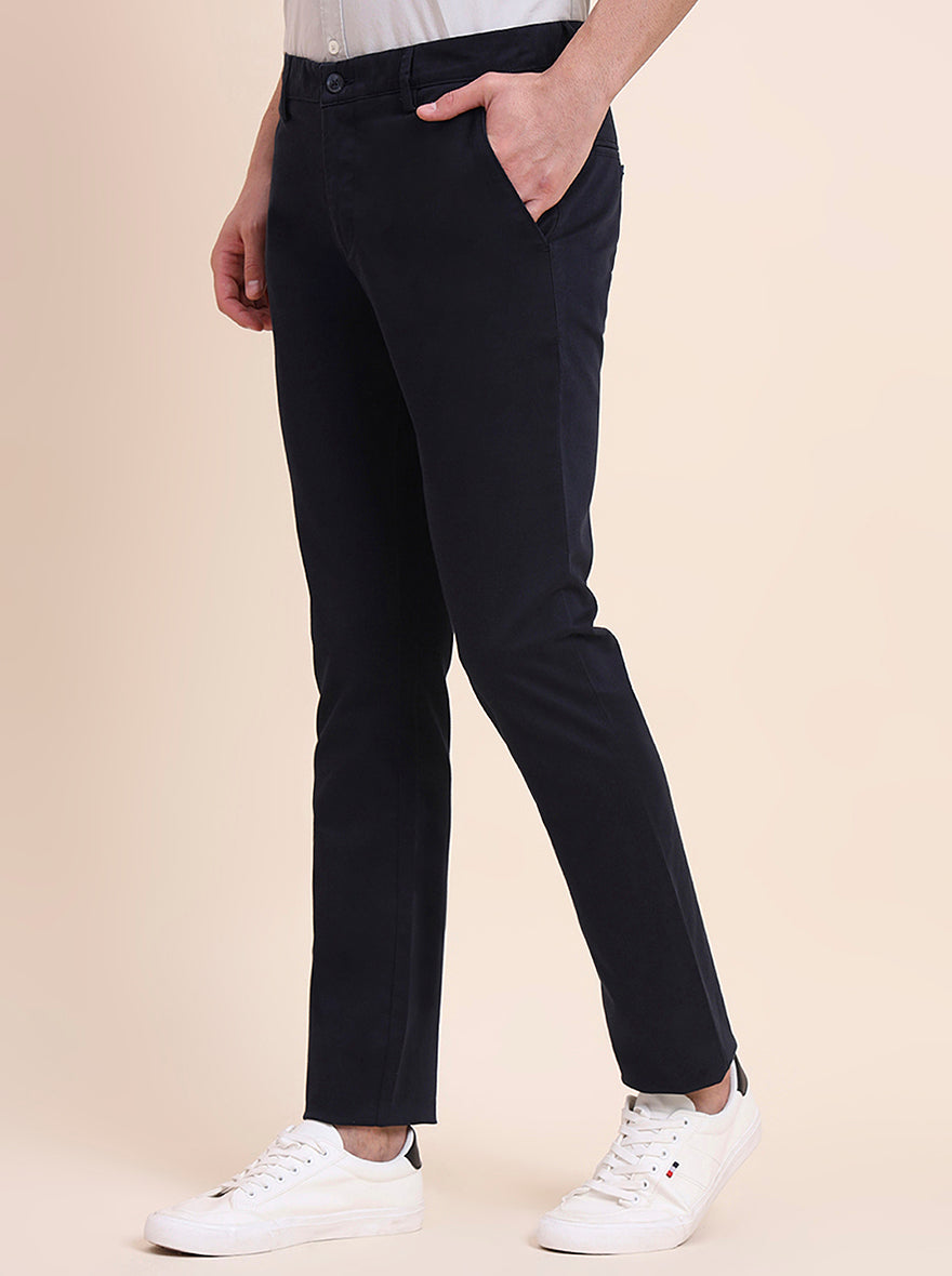 Navy Blue Printed Super Slim Fit Casual Trouser | Greenfibre