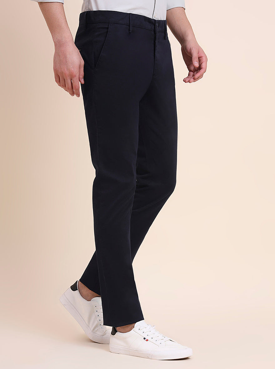 Navy Blue Printed Super Slim Fit Casual Trouser | Greenfibre