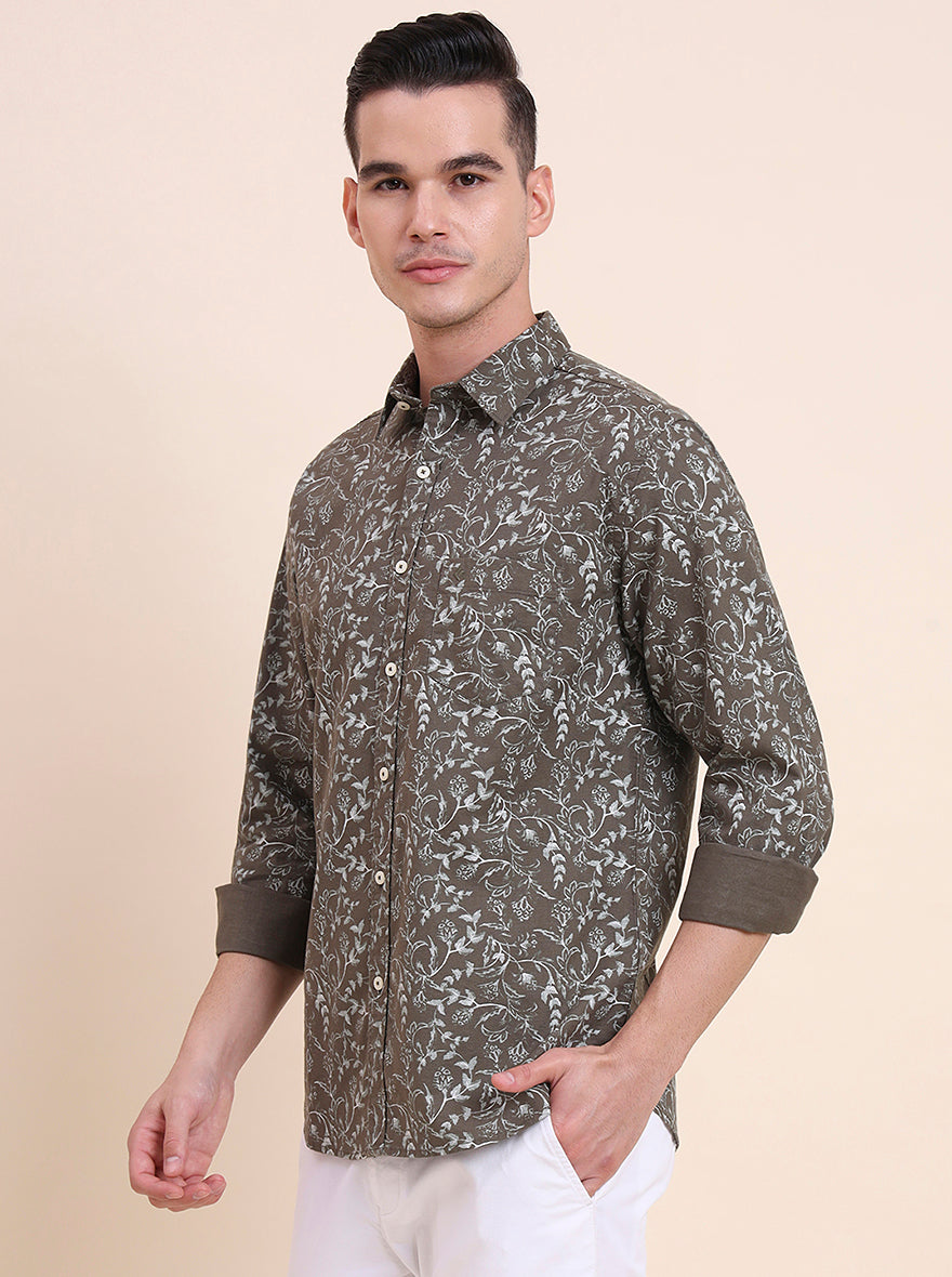 Olive Brown Printed Slim Fit Casual Shirt | Greenfibre