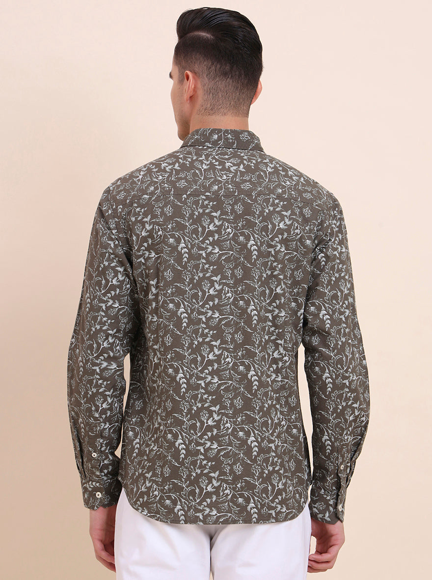 Olive Brown Printed Slim Fit Casual Shirt | Greenfibre