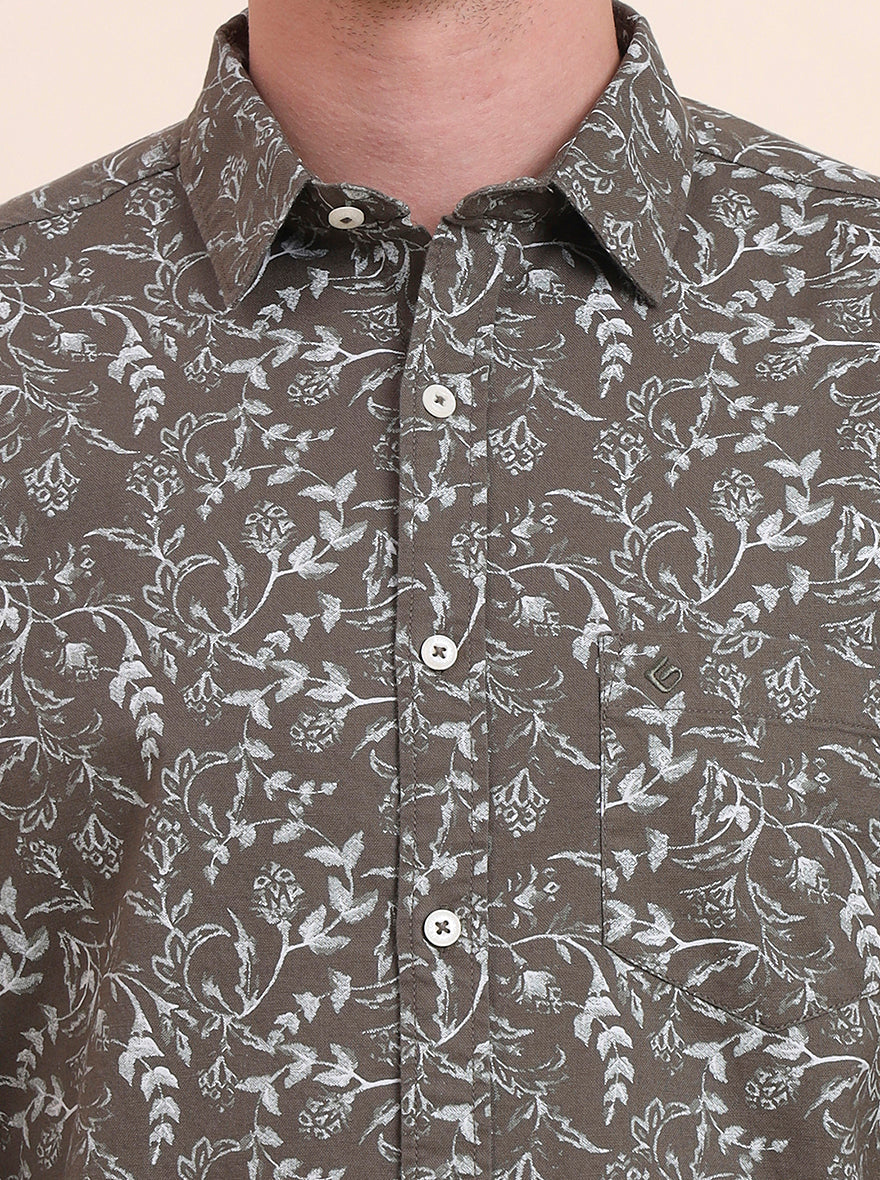 Olive Brown Printed Slim Fit Casual Shirt | Greenfibre