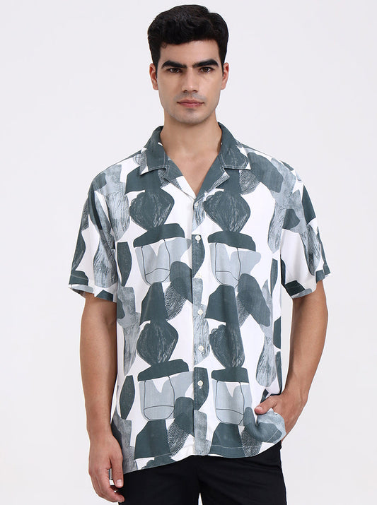 Green & White Printed Slim Fit Casual Shirt | Greenfibre