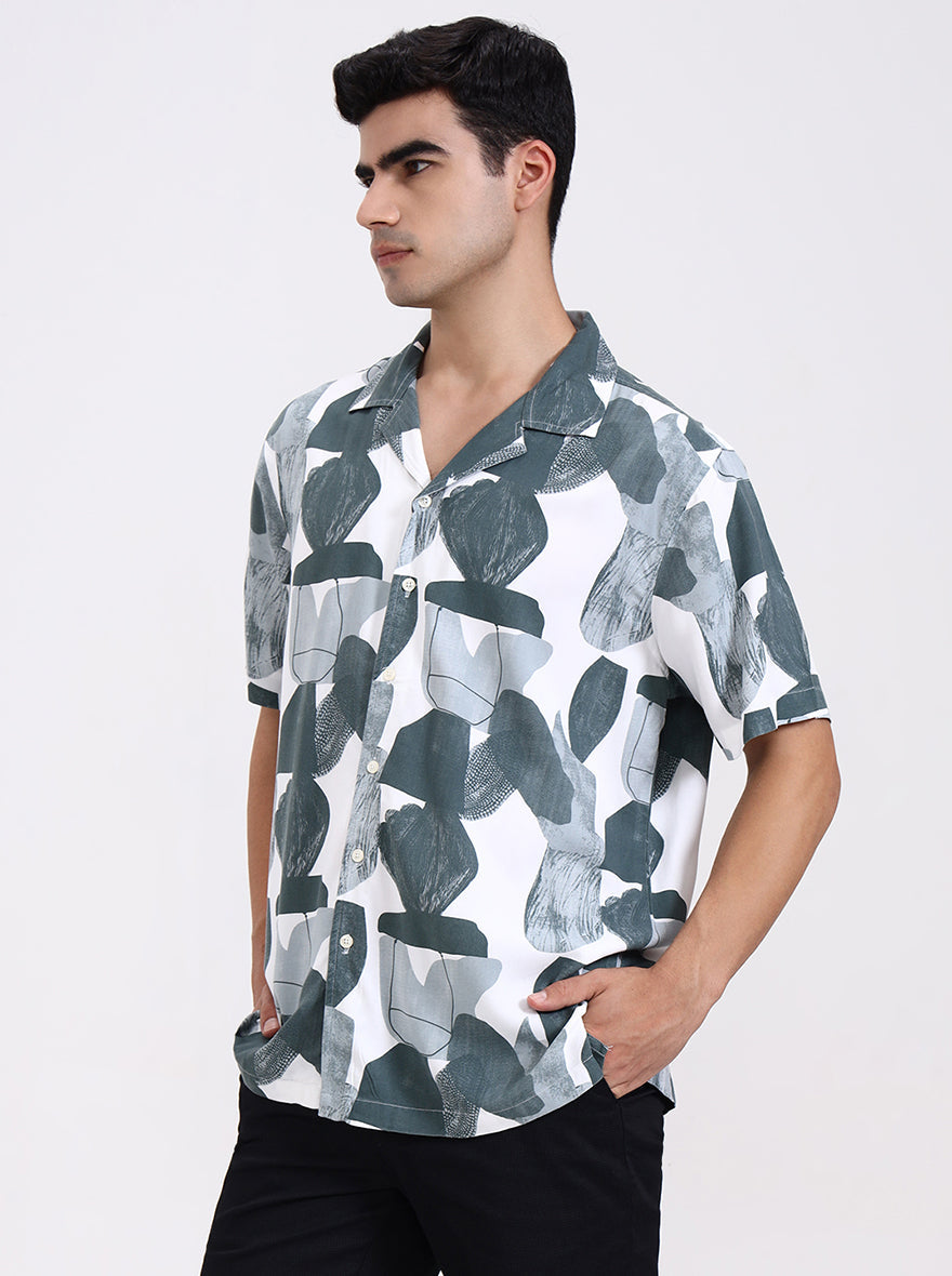 Green & White Printed Slim Fit Casual Shirt | Greenfibre