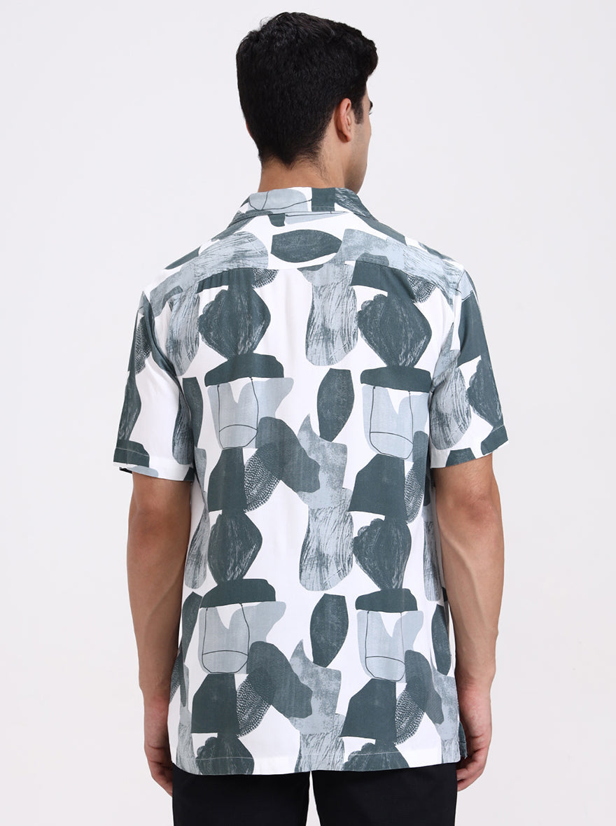 Green & White Printed Slim Fit Casual Shirt | Greenfibre