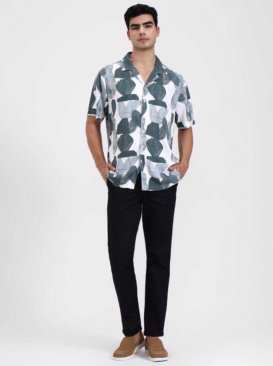 Green & White Printed Slim Fit Casual Shirt | Greenfibre