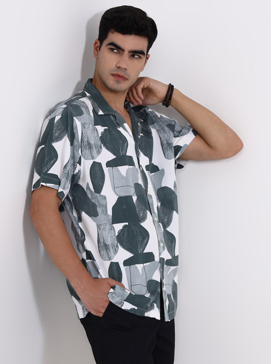 Green & White Printed Slim Fit Casual Shirt | Greenfibre