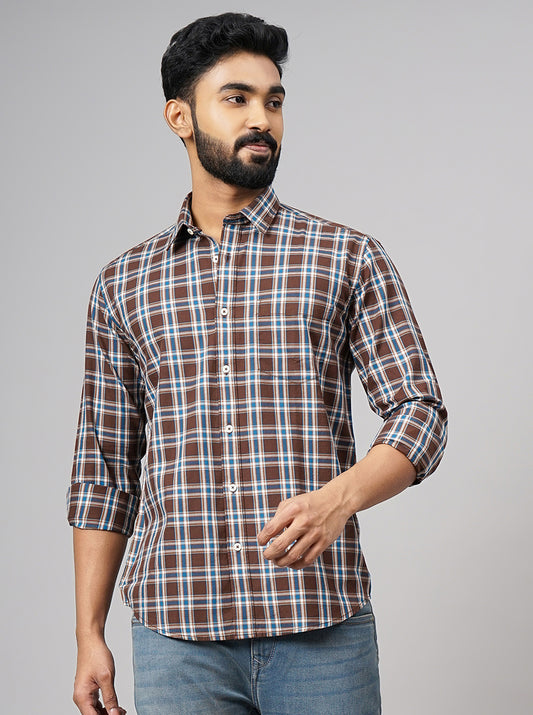 Brown Checked Smart Fit Semi Casual Shirt | Greenfibre