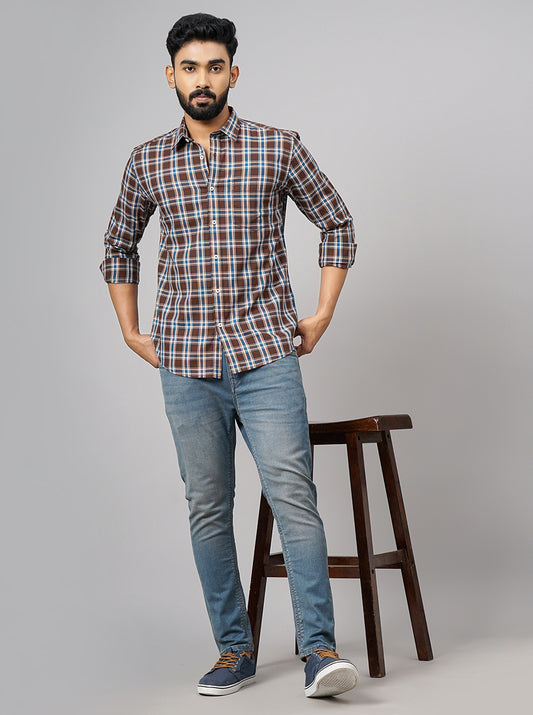 Brown Checked Smart Fit Semi Casual Shirt | Greenfibre