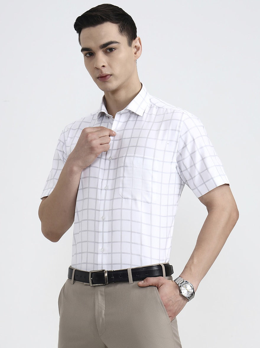 White & Grey Checked Regular Fit Formal Shirt | Greenfibre