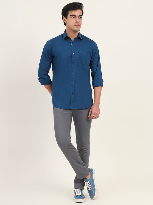 Petrol Blue Solid Slim Fit Semi Casual Shirt | Greenfibre