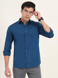 Petrol Blue Solid Slim Fit Semi Casual Shirt | Greenfibre