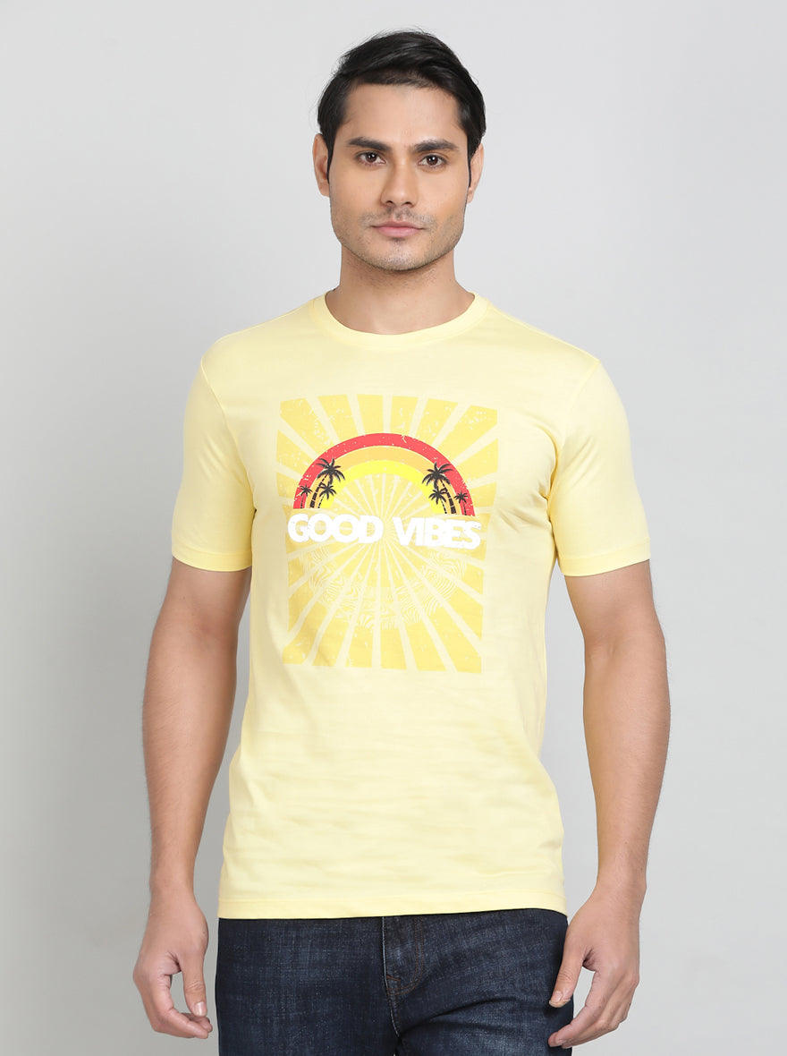 Lemon Yellow Printed Slim Fit T-Shirt | Greenfibre