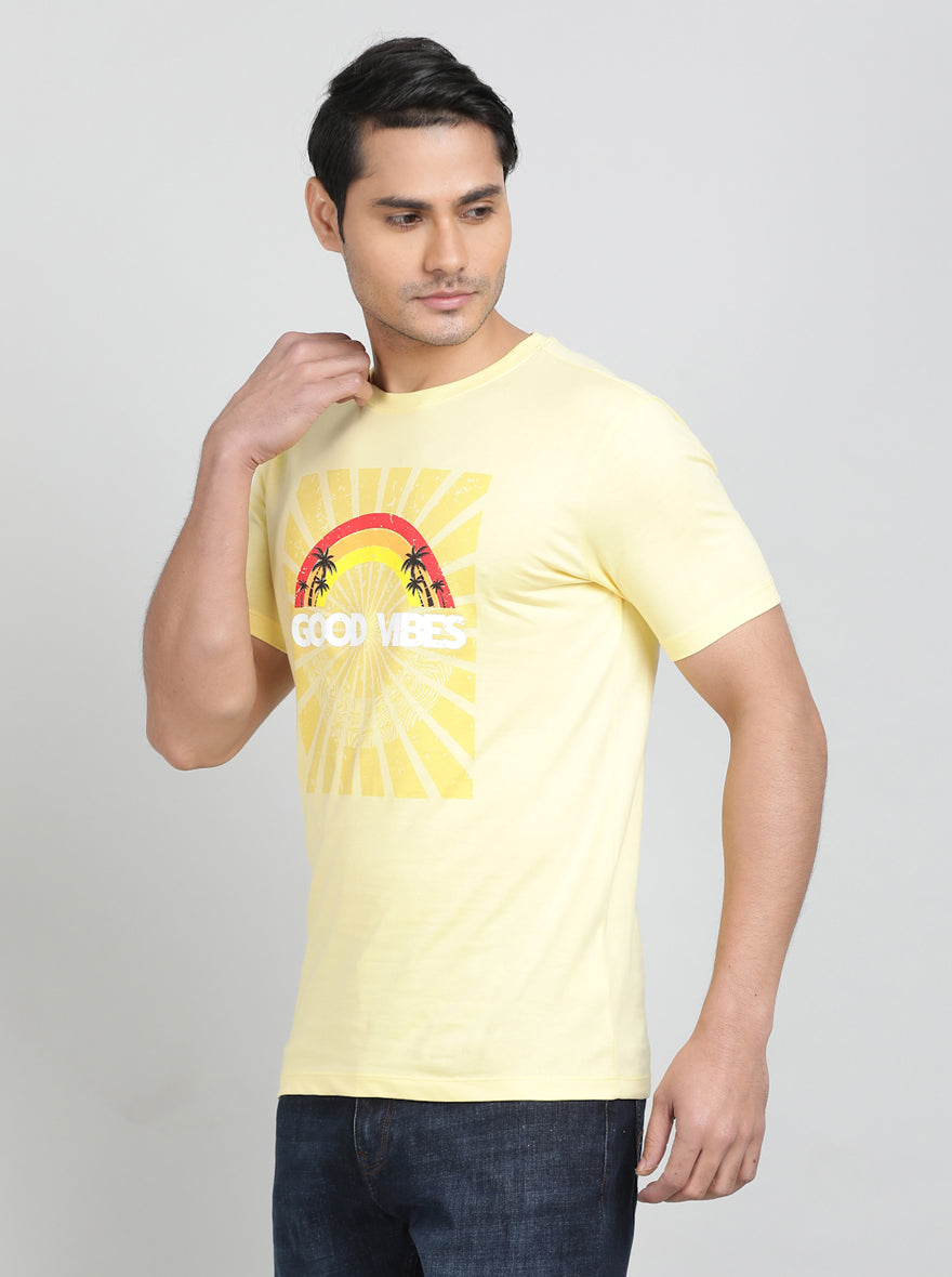 Lemon Yellow Printed Slim Fit T-Shirt | Greenfibre