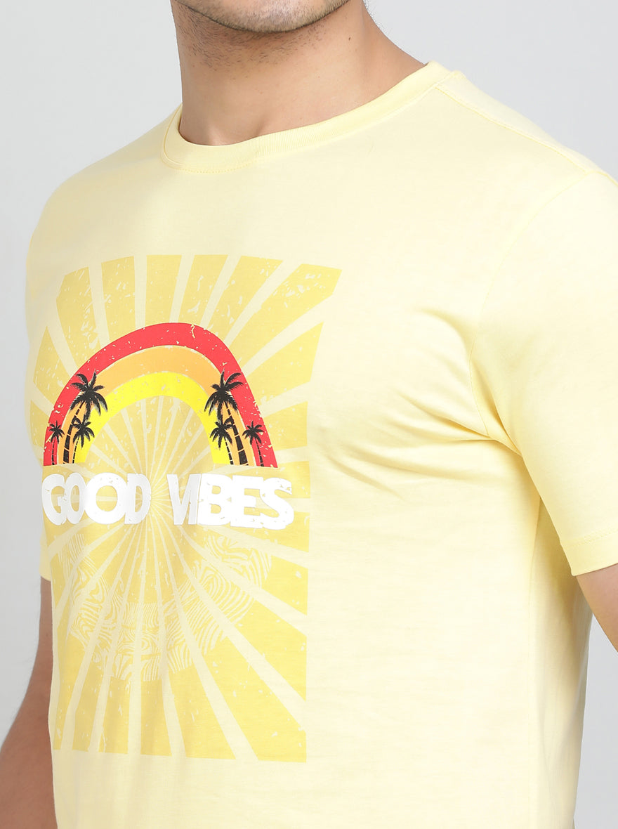 Lemon Yellow Printed Slim Fit T-Shirt | Greenfibre